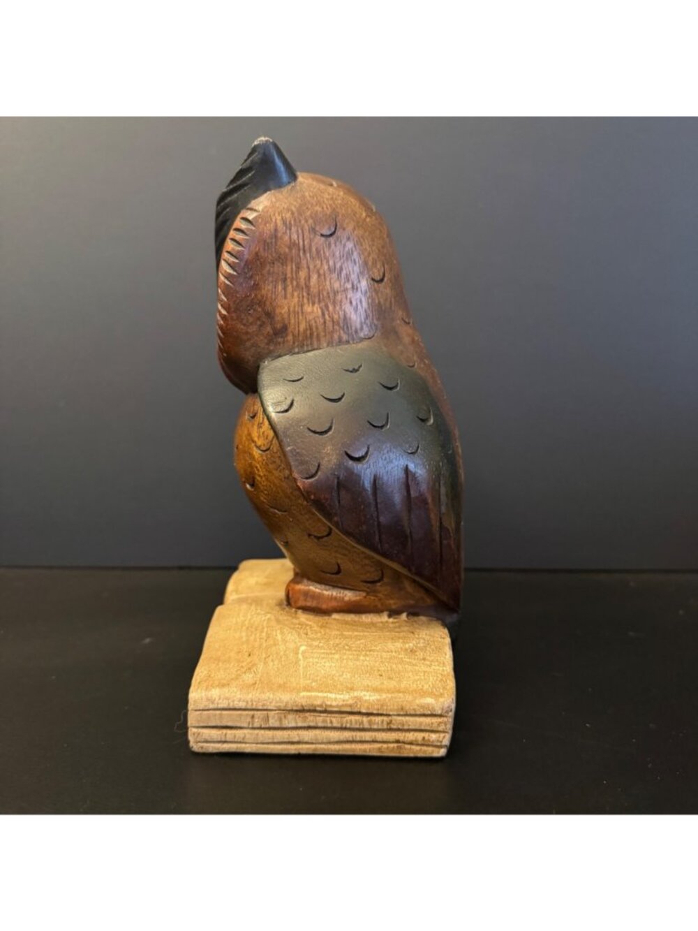 Handcrafted Carved Wooden Owl Figurine On Book Base 8 inches - Picture 3 of 11